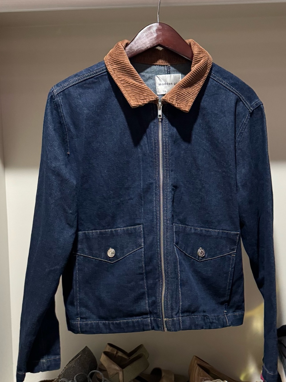 Madden Girl Dark Blue Denim Jacket with Tan Corduroy Collar - Picture 5 of 6
